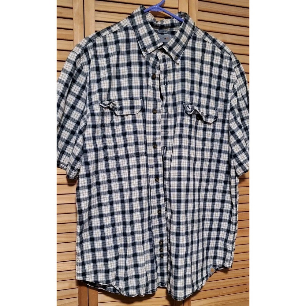 Carhartt Men Relaxed Fit XL Plaid Short Sleeve Button Up Shirt Tan Black